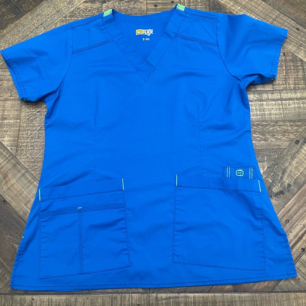 Royal Blue V-Neck Medical Scrub Top with Lime Accent